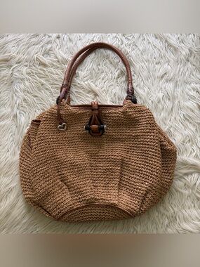 Brighton Brenda Raffia & Brown Leather Faux Toggle Large Shoulder Bag Purse Tote